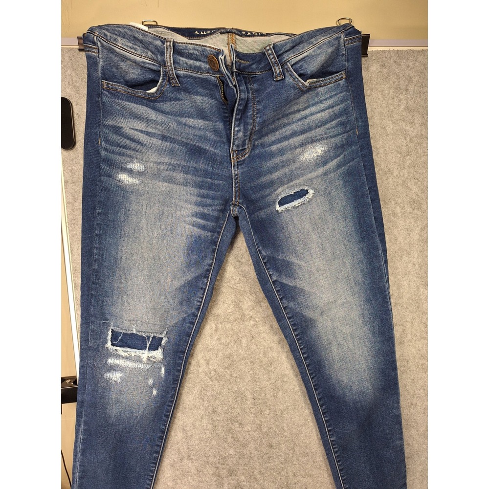 American Eagle Super Stretch Distressed Skinny Jeans Womens 10 Medium Wash Blue
